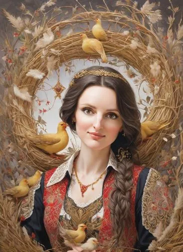 A fascinating medieval painting in the style of Jim Fitzpatrick, depicting a romantic country girl with her hair arranged in the form of a large oblong bird's nest. Gold ribbons hang from the edges of