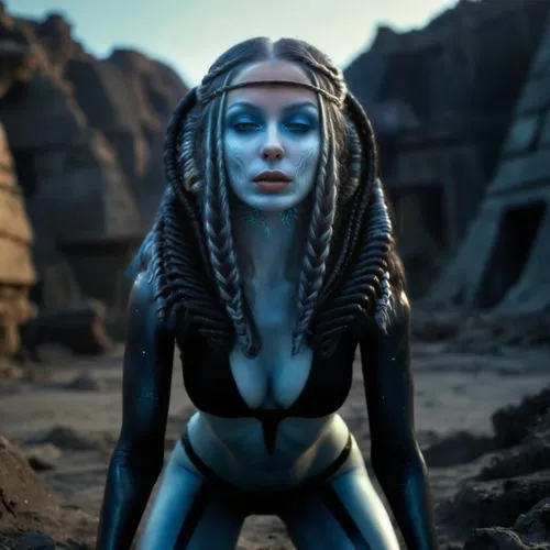 Make her full body, kneeling, with pale blue skin, wearing a dark metallic bikini, with her alien hair reaching the ground. The setting is the ruins of an alien civilization, on a distant planet.,sphi