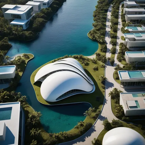 futuristic art museum,futuristic architecture,futuristic landscape,solar cell base,artificial island,ozeaneum,autostadt wolfsburg,dolphinarium,artificial islands,sky space concept,archidaily,musical dome,calatrava,roof domes,floating island,very large floating structure,3d rendering,modern architecture,mercedes-benz museum,aqua studio,Photography,Artistic Photography,Artistic Photography 01