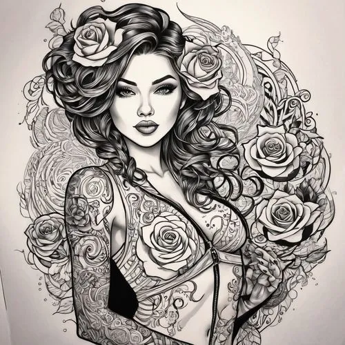 rose flower drawing,rosson,rose flower illustration,porcelain rose,viveros,rose drawing,gardenias,valentine pin up,watercolor pin up,gardenia,boho art style,tattoo girl,bouquet of roses,red rose,pencil drawings,persephone,rose flower,flower rose,jasmine blossom,victorian lady,Illustration,Black and White,Black and White 05