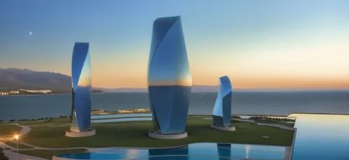 lago en el medio de los edificios , edificios de cristal, de noche
,large sculptures near swimming pool in front of water,futuristic architecture,cube stilt houses,futuristic art museum,sochi,k13 subm