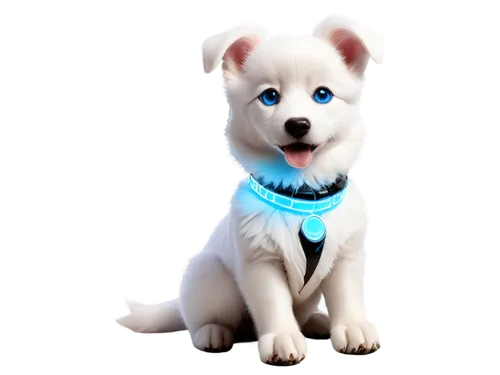 Cute AI dog, robotic puppy, shining metallic body, glowing blue eyes, floppy ears, fluffy tail, sitting posture, paws together, futuristic collar with LED lights, detailed fur texture, soft focus, war