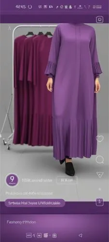 3d fashion drawing of women dress fashion Muslim hijab with the pelisee and a lot of pleats on the end of dress with  Eggplant color colour by 4k and many of pleated end of sleeves ,the interface show