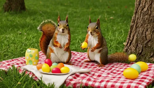 Craft a funny narrative about a mischievous squirrel stealing candy eggs from a picnic.,squirrels,easter brunch,easter rabbits,happy easter hunt,easter background,family picnic,easter decoration,happy