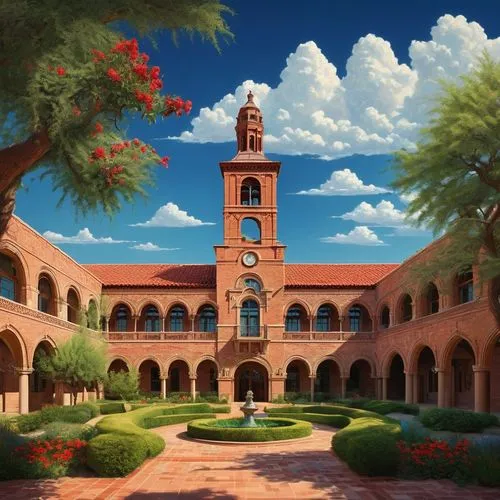 Texas Tech University, Spanish Renaissance Revival style, red brick building, clock tower, grand entrance, sweeping arches, ornate details, intricate stonework, sprawling courtyard, lush greenery, vib