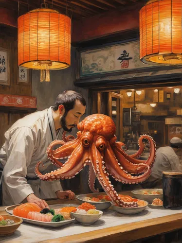 octopus,giant pacific octopus,calamari,giant squid,cephalopod,octopus tentacles,izakaya,fun octopus,japanese cuisine,seafood counter,japanese restaurant,cephalopods,fried squid,squid rings,teppanyaki,seafood,sea foods,korean cuisine,sea food,kraken,Art,Classical Oil Painting,Classical Oil Painting 13