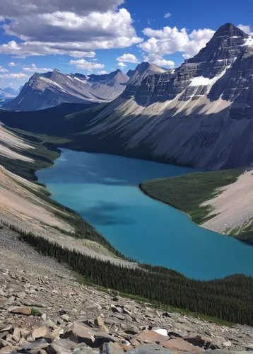 Great view of Bow Lake from near the col, Portal on the right.,bow lake,peyto lake,icefields parkway,icefield parkway,two jack lake,jasper national park,canadian rockies,alberta,glacial lake,lake loui