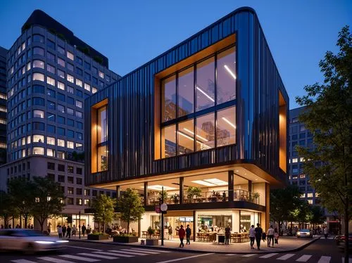 Futuristic bar fusion building, metallic fa\u00e7ade, neon lights, vibrant colors, sleek lines, minimalist design, sustainable materials, recycled glass, low-carbon concrete, eco-friendly wood, energy