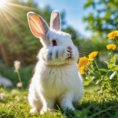 a white rabbit is sitting in the grass,bunny on flower,european rabbit,bunni,dwarf rabbit,bunnicula,myxomatosis,Photography,General,Realistic