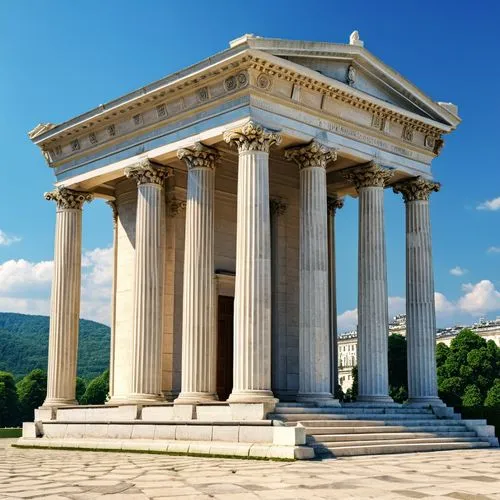 a white monument with pillars in front of some trees,greek temple,doric columns,the parthenon,parthenon,roman temple,temple of diana,neoclassical,palladian,zappeion,panathenaic,peristyle,temple of her