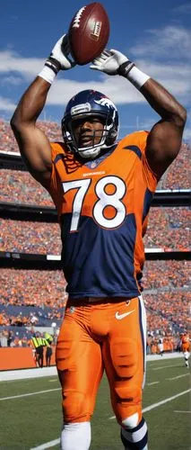 Denver Broncos, American football player, helmet, shoulder pads, jersey number 7, orange and blue uniform, muscular arms, intense facial expression, stadium background, cheering crowd, sunny day, Rock