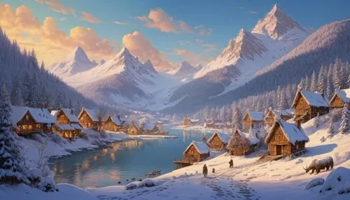 winter village,alpine village,mountain settlement,mountain village,mountain huts,snow landscape,winter landscape,christmas landscape,aurora village,snowy mountains,fantasy landscape,snowy landscape,snow scene,northrend,fantasy picture,chalets,korean village snow,snow mountains,winter house,winter background