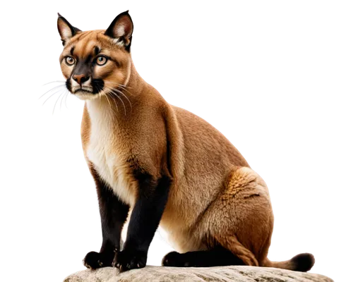 Wild puma cat, solo, (2-3 years old), fluffy fur, golden brown coat, white belly, black ears, whiskers, sharp claws, muscular legs, sitting on rock, looking straight ahead, serious expression, natural