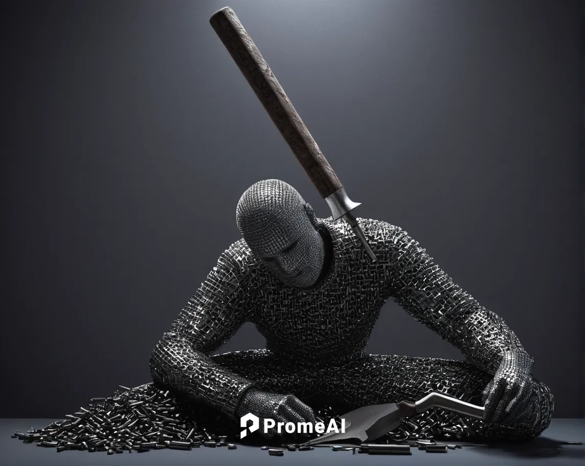 Write a suspenseful mystery where a metal hammer is the murder weapon in a high-profile case.,chain mail,primitive man,silversmith,cinema 4d,steel sculpture,épée,prisoner,conceptual photography,metal 