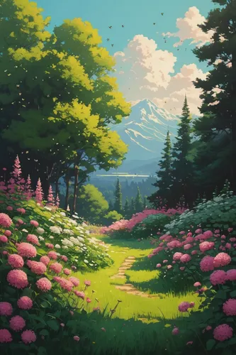 blooming field,forest landscape,mushroom landscape,landscape background,meadow in pastel,springtime background,nature landscape,sakura trees,meadow landscape,clover meadow,forest,landscape,fairy forest,spring background,forest background,forest of dreams,high landscape,flower field,field of flowers,fantasy landscape,Conceptual Art,Fantasy,Fantasy 32