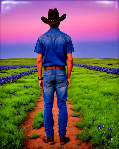 Lone Star State, Texas landscape, vast open plains, bluebonnet flowers, rolling hills, rustic wooden fence, old worn boots, cowboy hat, denim jeans, plaid shirt, sunset warm lighting, panoramic view, 