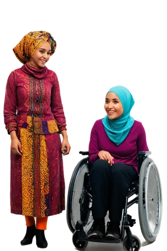 diverse group, people from different cultures, ages, abilities, genders, wheelchair, cane, hijab, turban, African hairstyle, colorful clothing, vibrant patterns, smiling faces, interacting with each o