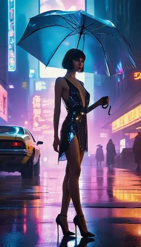 cyberpunk,agent provocateur,femme fatale,neon lights,cosmopolitan,retro woman,umbrella,blue rain,neo-burlesque,walking in the rain,in the rain,neon light,neon body painting,retro girl,neon,cinderella,retro women,neon cocktails,rockabella,film noir,Illustration,Retro,Retro 06