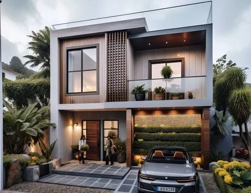 HOUSE LOCATED IN THE URBAN AREA OF CERETE CORDOBA WITH A SUNNY DAY WITH PLANTERS FULL OF FLOWERS AND A CAR WITH COLOMBIA PLATES WITH A GARAGE DOOR,a car parked in front of an elegant house,modern hous