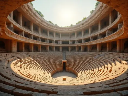 Ancient Roman amphitheater, grand stone structures, curved seating areas, ornate archways, acoustic shell designs, tiered audience platforms, natural stone walls, vaulted ceilings, warm golden lightin