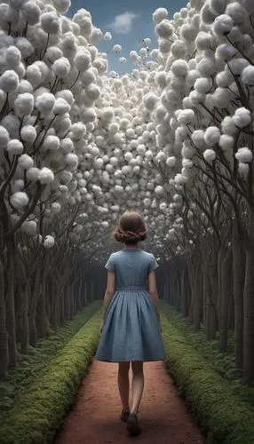 girl with tree,girl walking away,mushroom landscape,woman walking,cloud mushroom,world digital painting,tree grove,pathway,tree lined path,magnolia trees,cartoon forest,wonderland,forest of dreams,paper clouds,forest path,digital painting,the path,surrealism,grove of trees,photomanipulation,Photography,Artistic Photography,Artistic Photography 11