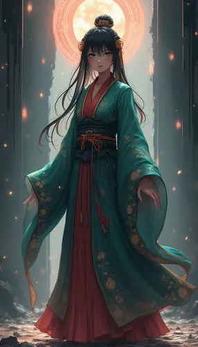 a balancer of life and afterlife in a future where the boundaries between realms are fluid. Her attire melds traditional Shinto robes with advanced realm-transition designs, adorned with creation and 