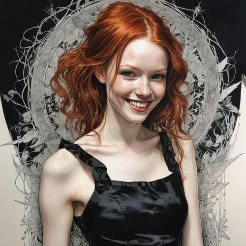  Complex background, hyper realistic, Drawing of a Redhead girl smiling Pale skin, Short black dress, surreal, by Abigail Larson, Carne Griffiths.,macniven,chastain,epica,redhair,irisa,abigaille,behen