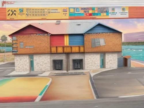 seaside resort,colorful facade,mural,house painting,aqua studio,beach huts,dolphinarium,beach hut,cube house,house of the sea,beachhouse,colored pencil background,facade painting,beach house,houses clipart,cubic house,children's playhouse,building sets,treasure house,lifeguard tower