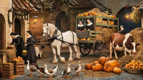 bremen town musicians,harvest festival,seasonal autumn decoration,thanksgiving background,fall animals,halloween scene