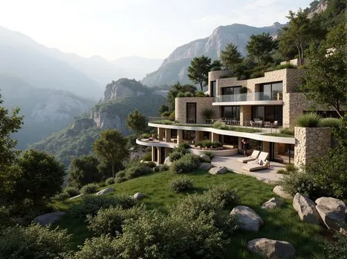 amanresorts,house in the mountains,house in mountains,hushan,laoshan,render,3d rendering,building valley,fresnaye,dunes house,mountainside,cliffside,tigers nest,mountain settlement,terraces,wudang,renders,cantilevers,maritime alps,lefay