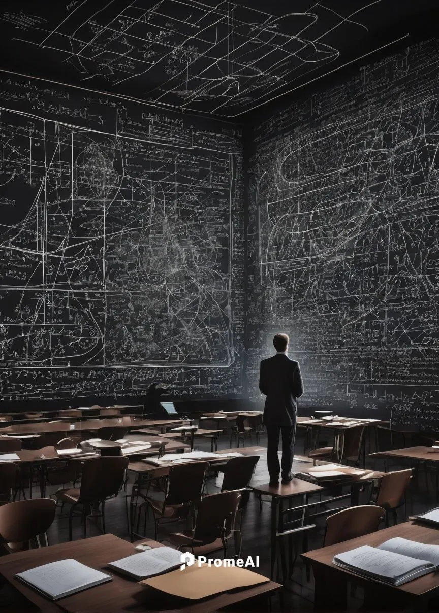 Mathematical symbols, equations, and formulas on a blackboard, messy scribbles, chalk dust, modern university lecture hall, professor in the background, Deep Learning architecture diagrams, neural net