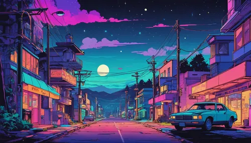 colorful city,dusk,dusk background,aesthetic,retro background,would a background,tokyo city,wallpaper roll,evening city,night scene,fantasy city,music background,background screen,cyberpunk,neighborhood,alley,art background,cityscape,night glow,digital background,Illustration,Japanese style,Japanese Style 06