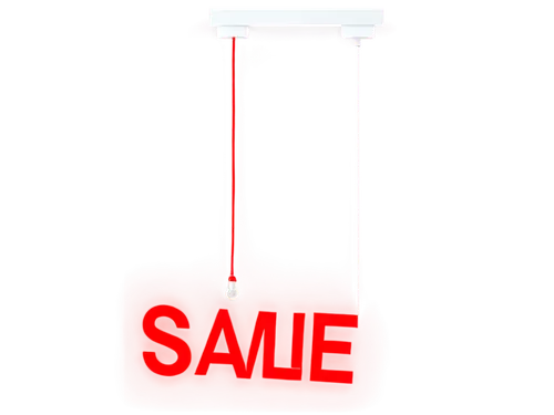 sale tag, discount sign, percentage symbol, red font, white background, hanging from ceiling, shopping mall, fluorescent light, shallow depth of field, vibrant color tone, 3/4 composition, cinematic l