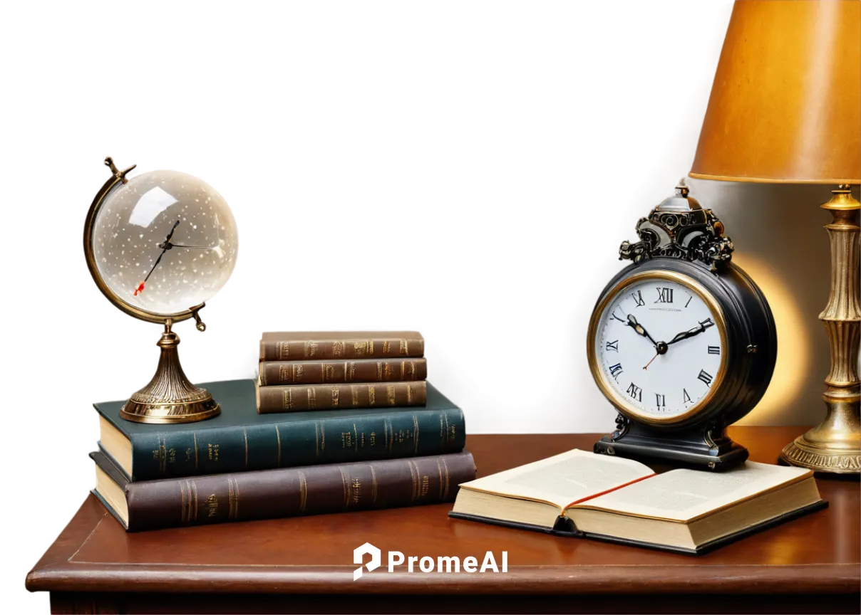 Random objects, still life, colorful, detailed textures, glass vase, crystal ball, old clock, leather book, golden frame, ornate metalware, marble table, softbox lighting, 3/4 composition, warm color 