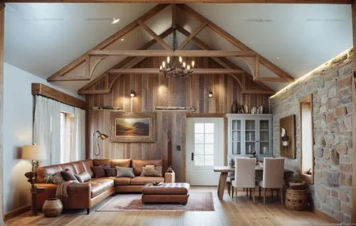 no window on front wall ,a living room and dining area in an alpine style home,wooden beams,vaulted ceiling,barnwood,new england style house,family room,luxury home interior,Photography,General,Cinema