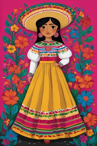 Incorporate a traditional Mexican dress into a colorful mural depicting Mexican culture and heritage.,la catrina,mexican calendar,quinceañera,mexican culture,mexican tradition,chiapas,pandero jarocho,