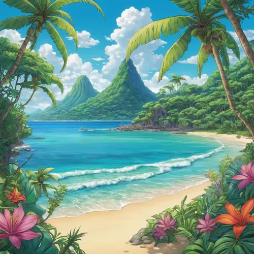 Write a comedy avatar anime on a tropical island.,beach landscape,tropical beach,tropical sea,beach scenery,luau,aloha,tropical island,mountain beach,an island far away landscape,dream beach,paradise 