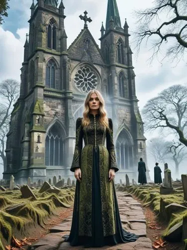 Gothic church façade without any personnel,the blonde haired woman in the green dress is standing in front of a large church,gothic portrait,haunted cathedral,margaery,schikaneder,wilkenfeld,gothic ch