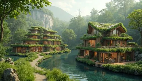 treehouses,tree house hotel,stilt houses,house in the forest,tree house,hanging houses,floating huts,forest house,mountain settlement,cube stilt houses,rivendell,fantasy landscape,green waterfall,house in mountains,house in the mountains,ecotopia,house with lake,asian architecture,treehouse,floating islands,Photography,General,Realistic