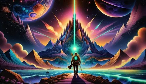 a man standing on top of a road in front of mountains,astral traveler,navigated,interdimensional,extradimensional,dimensional,dmt,Illustration,Realistic Fantasy,Realistic Fantasy 25