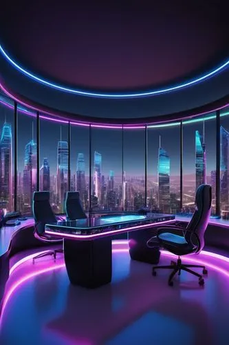 Futuristic digital architecture, sleek curves, neon lights, holographic displays, metallic structure, transparent glass walls, minimalist interior, ergonomic chairs, futuristic desks, virtual reality 