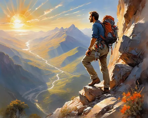 mountain guide,mountaineer,hiker,mountain sunrise,mountain hiking,mountain scene,the spirit of the mountains,towards the top of man,hiking equipment,the wanderer,backpacking,world digital painting,via ferrata,alpine crossing,mountain climber,mountain peak,adventurer,mountaineering,yellow mountains,backpacker,Conceptual Art,Oil color,Oil Color 03