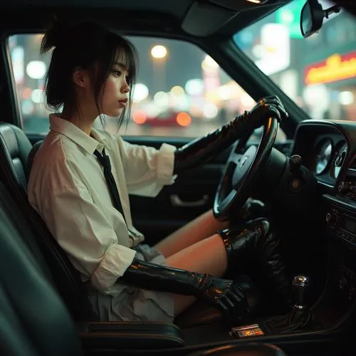 A striking 18-year-old Japanese girl is driving her car in a bustling part of a Tokyo parking lot at night, where a lively gathering of Japanese cars inspired by Tokyo Drift is taking place. The scene