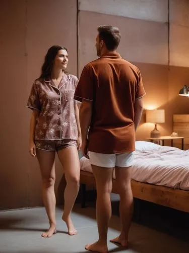 A busty woman in a short-sleeved pyjama shirt and thong is in the foreground. Her husband in the center. Room of warm sienna color, industrial dorm interior, cozy atmosphere, wooden bunk beds, metal f