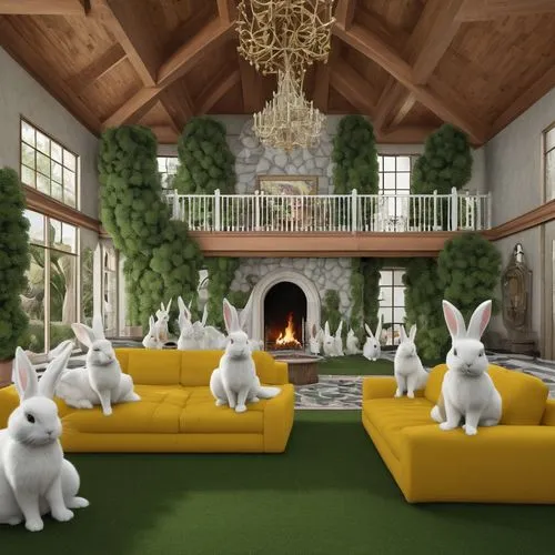 furbys,moomins,rabbids,easter décor,moomintroll,moomin world,easter rabbits,white rabbit,fireplace,rabbits,samoyeds,dog house,lapine,fireplaces,kennel,playroom,dandelion hall,sitting room,3d rendering,whimsical animals,Photography,Documentary Photography,Documentary Photography 07