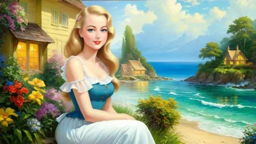 Romantic masterpiece oil painting, cute girl portrait, nostalgic 1950's style kitsch, seaside cottage landscape, tropical summer beach scenery, by Thomas Kinkade, by Bob Ross,mermaid background,the se