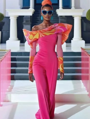 a woman in a pink jumpsuit on the runway,ibibio,bonang,blige,azealia,raja,monique,Photography,Artistic Photography,Artistic Photography 05