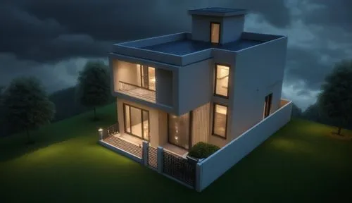 A modern villa, spring atmosphere and cloudy skies, and the villa is in a housing project, with the materials I have chosen to render in a modern style,a rendering of a house that has three floors and