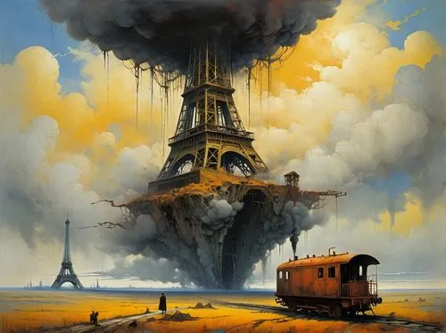 universal exhibition of paris,paris cafe,surrealism,diving bell,tower of babel,the eiffel tower,paris,cloud towers,oil industry,industrial landscape,dali,post-apocalyptic landscape,trocadero,the pollution,french train station,oil rig,eiffel tower,eiffel,voyage,airship,Conceptual Art,Oil color,Oil Color 10