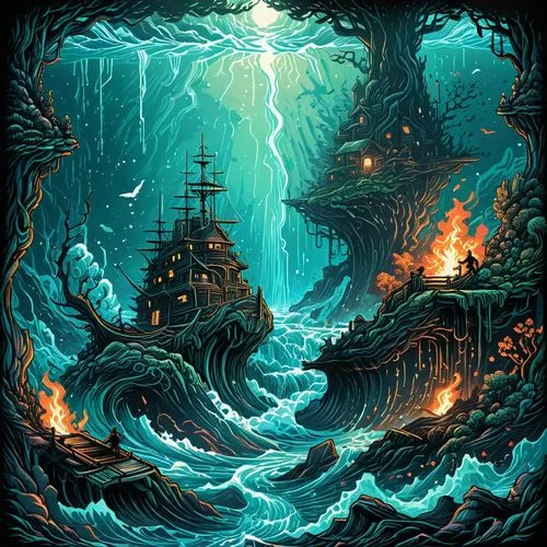 maelstrom,sea fantasy,shipwreck,tour to the sirens,poseidon,galleon ship,sailing ships,sea sailing ship,deep sea,sirens,sunken ship,tidal wave,galleon,sea storm,sci fiction illustration,pixel art,god of the sea,flotsam and jetsam,ship releases,fantasy art,Illustration,Realistic Fantasy,Realistic Fantasy 25